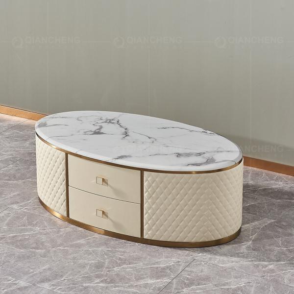 Beige Coffee Dining Table With 2 Drawers 20mm Faux Marble On Top Golden Stainless Steel Legs