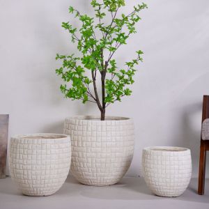 Handmade Neutral Beige Round Fiber Clay Planter With Checkered Pattern