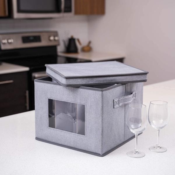 VENO 2 Pack Wine Glass Storage Box with Lid and Handles, Glasswares, China Organizer, Great for Moving, Transport.