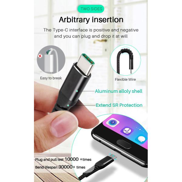 480Mbps Nylon Braided Charging Cable 5A USB C Cable Data Sync