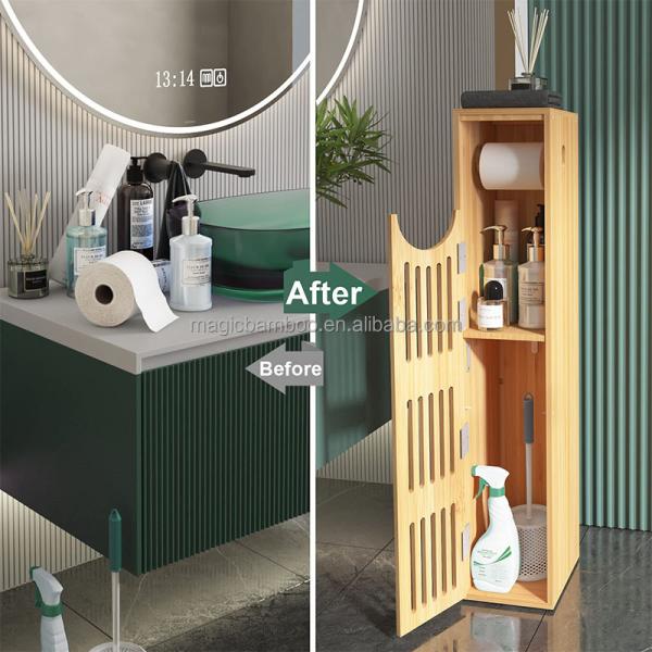 Multifunctional Bamboo Toilet Paper Storage Cabinet Roll Holder Cupboard Space Saving