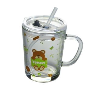 Cartoon Crystal Drinking Glass With Lid And Silicate Straw