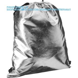 Metallic Backpack, Soft Iridescent PU Drawstring Backpack Silver PU Drawstring