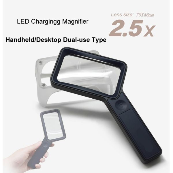 Handheld Rectangular Magnifier Touch Mode Switch 6LED Light with USB Charging Cable 3-speed Light Magnifier