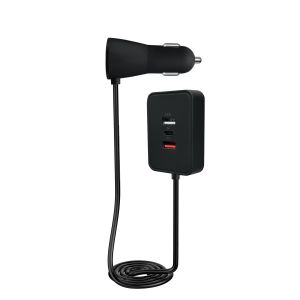 Black Fast Charge USB Car Charger 3 Port USB A & 2 USB C Car Power Adapter