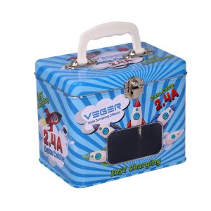 High Quality Rectangle Shape Suitcase Tin Box with Handle Custom Metal Lunch Box