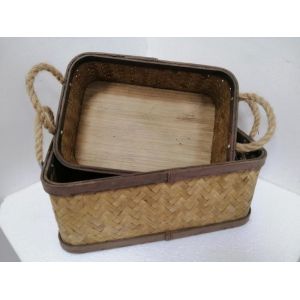 Beige Woven Rectangle Basket Set With Rope Handle