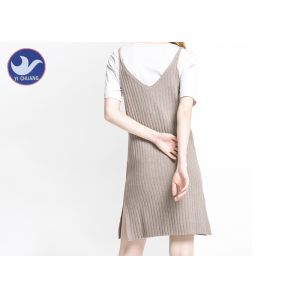 Spaghetti Strap Ribbed Midi Womens Knitted Dresses V Neck Loose Fitting Side