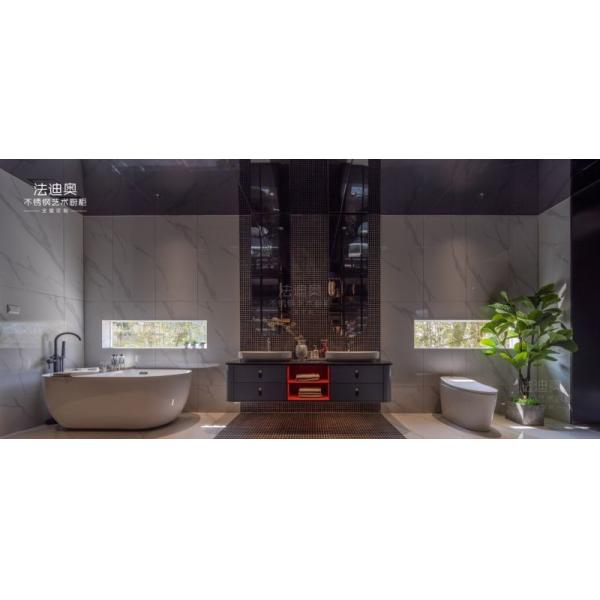 Matte Finish Stainless Steel Bathroom Sink Vanity Cabinet With Blue Gray And Red Accents