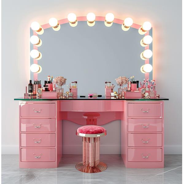 Bedroom Makeup Sets LED Lighted Mirror Vanity Table With Drawers And Storage Shelves Adjustable In Pink