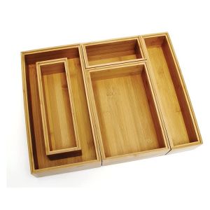 Office Desk Supplies and Accessories Bamboo Wood Drawer Organizer Box Bin Set 5