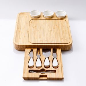 Rectangle Chopping Blocks and 3 Ceramic Bowls Knife Set Bamboo Cheese Board for