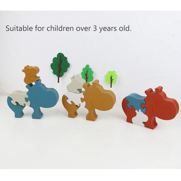 Silicone and wooden jigsaw puzzle standing animal hippo puzzle kid toys for child playing