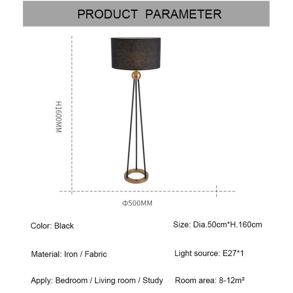 American Retro Floor Lamp For Living Room Black Fabric Shade Nordic Villa Hotel Hadley Floor Lamp(WH-MFL-147)