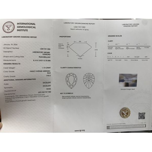 IGI Certificated 1.13ct Lab Grown Diamond Pear Cut CVD Fancy Intense Blue VS2 2EX N