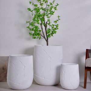 Radial Geometric Pattern Neutral White Round Fiber Clay Plant Pot