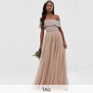 Tall Bridesmaid bardot maxi tulle dress with tonal delicate sequins in taupe