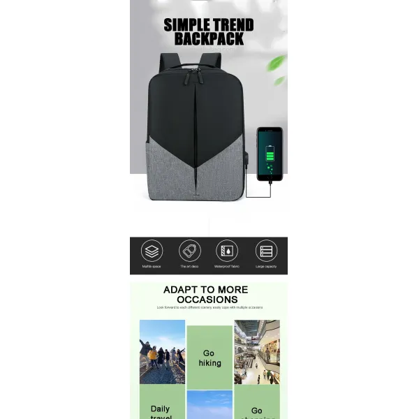 Waterproof Laptop Backpack 30x12x41cm with USB Charging Port