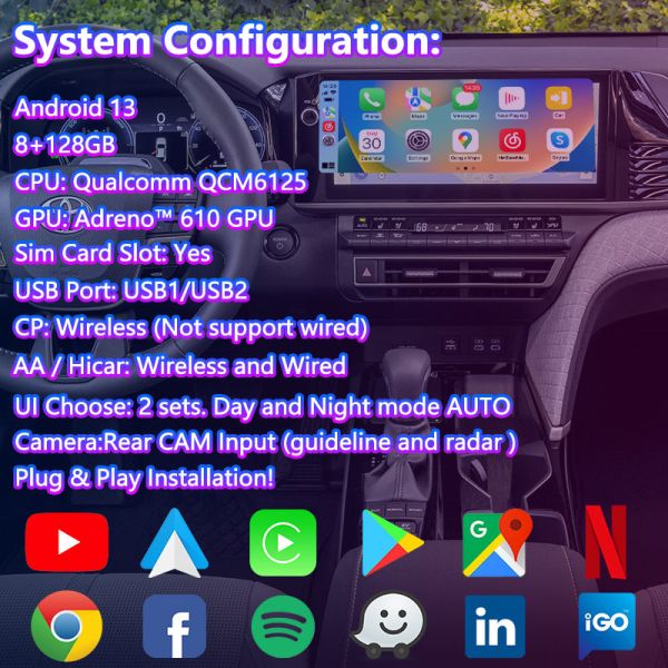 Lsailt Android Navigation Carplay Interface for 2024 - Present Toyota Camry