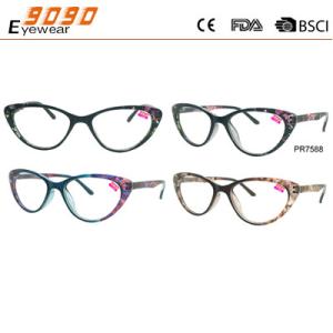 Cat eye reading glasses with plastic hinge ,pattern in the frame and temple