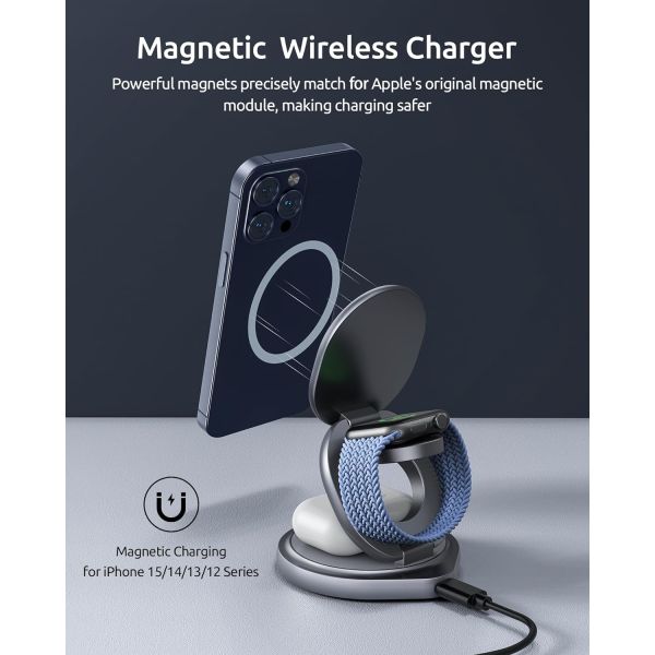 Magnetic 3 In 1 Wireless Charging Station Foldable 15W For Space Grey Phones