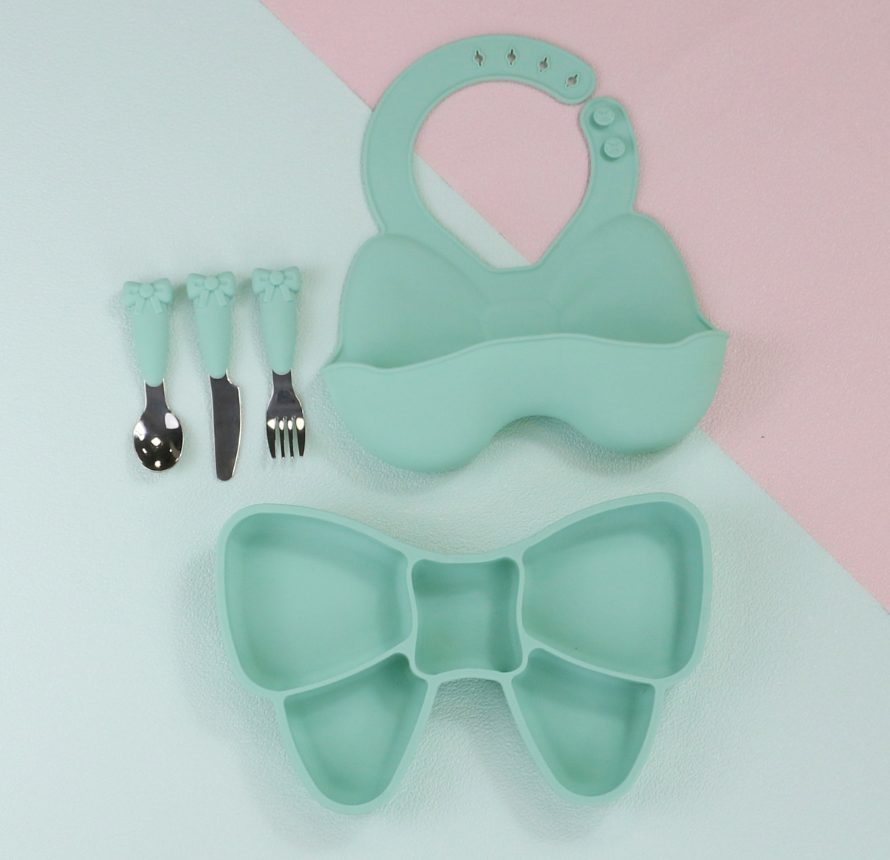 Bow Knot Baby Feeding Suction Plate Cute Bib And Cartoon Spoon Fork Dish Sets