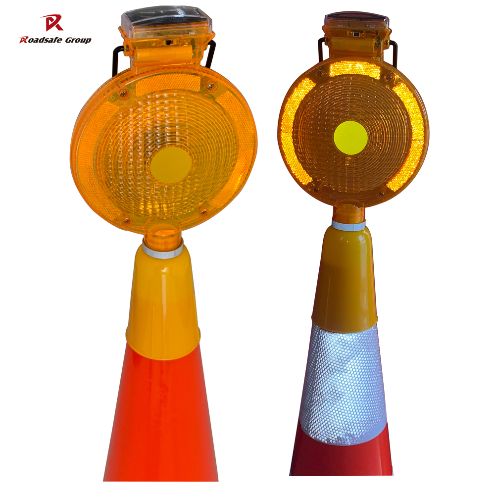 Solar LED Traffic Warning Light with Flashing White LED and Cone Shape for Enhanced Traffic Safety