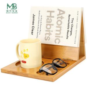 Bamboo color triangle bookshelf foldable bookshelf with glasses holder for