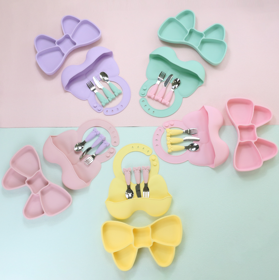 Bow Knot Baby Feeding Suction Plate Cute Bib And Cartoon Spoon Fork Dish Sets