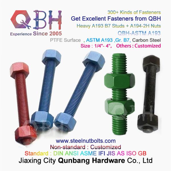QBH PTFE 1070 Red/Blue/Black/Green Coated 1/4"-4" ASTM A193 B7 Threaded Rod Stud