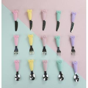 Bow Know Stainless Steel Baby Spoon Silicone Handle Fork Knife Feeding Set