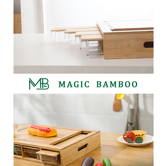 Bamboo Cutting Board with 4 Drawer Organizer Trays Space-Saving Kitchen Essential