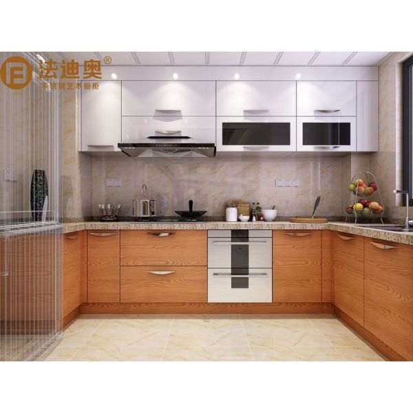 U-Shape Wood Grain Stainless Steel Kitchen Cabinets