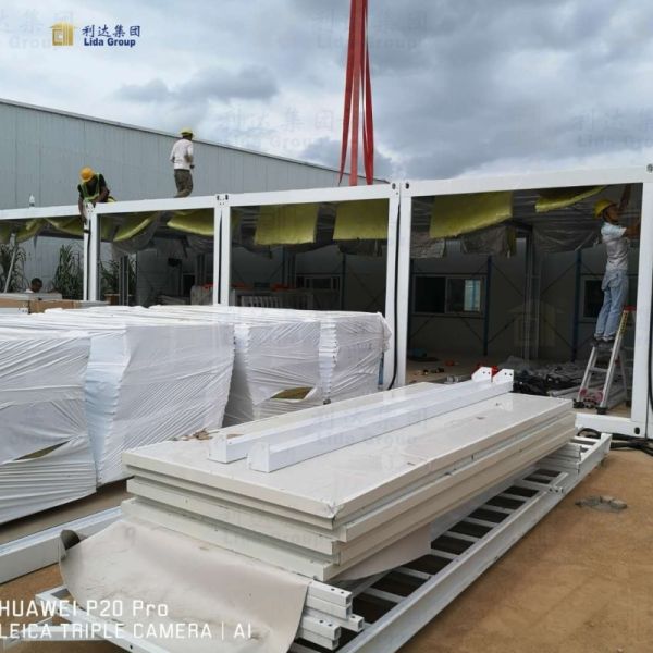 Exterior view of multifunctional container house showing modern design and construction