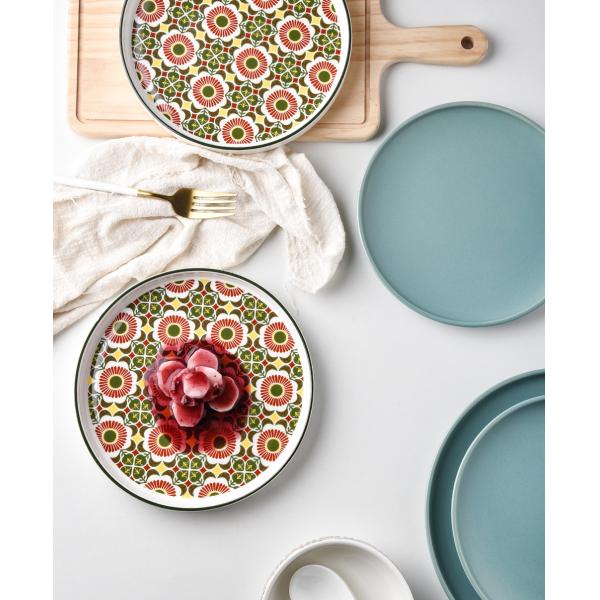 Under Glazed Technique 72 Pcs Bohemian Ceramic Dinnerware Set With Red And Blue Decal