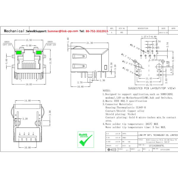 RJS-1X08T089S2 Magnetic Ethernet RJ45 Jack LPJ16206AFNL 10 / 100Base-T Tab-Up