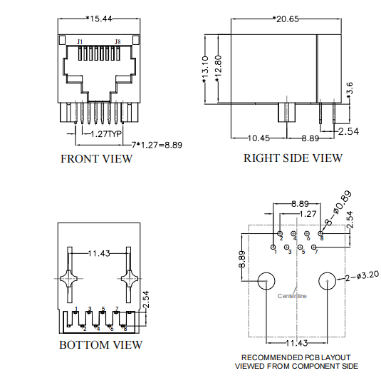 RJ45 Modular Jack Connector 1X1 TAB-DOWN 21.3mm Plastic Shell Without LED Light