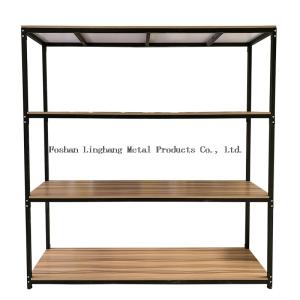 H1800mm L800mm Warehouse Storage Shelves Wood And Black Metal Rack Three Layer