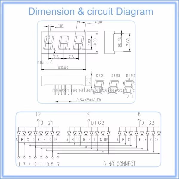 Compact LED 3 Digit 7 Segment Display 0.28 Inch 7mm Digit Height Designed for Electronic Measurement and Control Systems