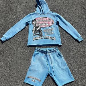 Custom Vintage Sun Faded Hoodie and Short Sets Tracksuit Raw Hem Jogger