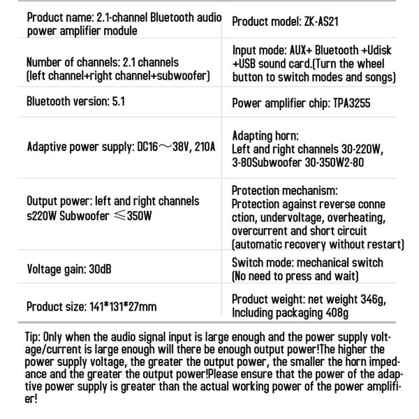 ZK-AS21 2.1 Channel Audio Amplifier Module TPA3255 Subwoofer 220WX2+350W 220WX2+350W Amplifier Board ZK-AS21