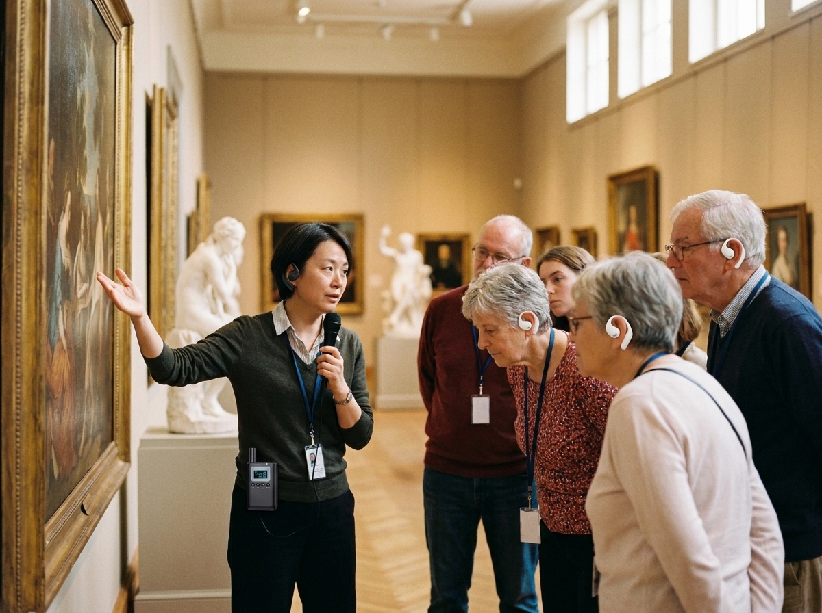 Museum tour guide speaking to visitor group wearing B7-2 receivers in a gallery