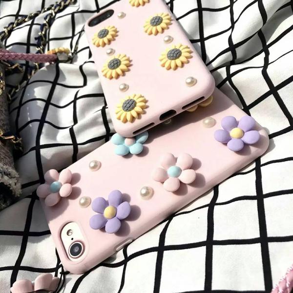 Soft TPU Pink Girl Heart DIY Daisy Flowers with Lanyard Cell Phone Case Back Cover For iPhone 7 Plus 6s