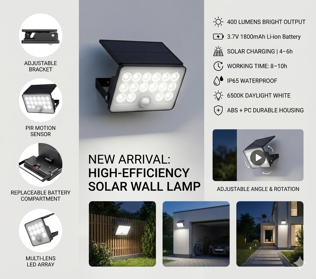 1800mAh replaceable battery Solar wall light | Three-mode intelligent sensing | courtyard/corridor/outdoor