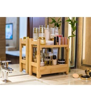 Solid Bamboo 2 Tier Standing Rack for Kitchen and Bathroom Storage 3L Capacity