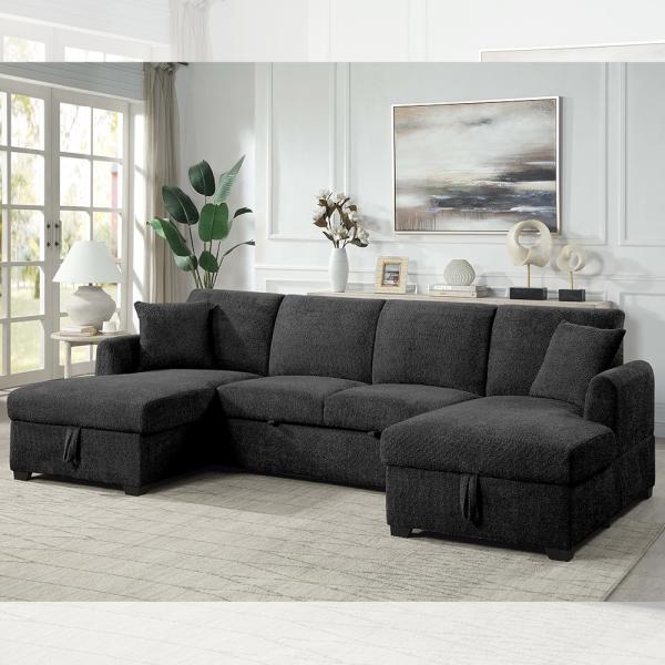 Quality U-Shaped Sectional Sleeper Sofa with Pull Out Bed and Storage Chaise, Black Sherpa Fabric for sale
