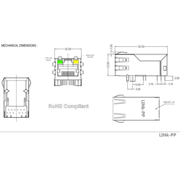 Through Hole POE RJ45 Jack Cross XFPOEP1B-CTxu1-4L , XMPH-061Q-12F6-GY