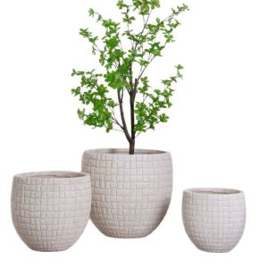 Handmade Neutral Beige Round Fiber Clay Planter With Checkered Pattern