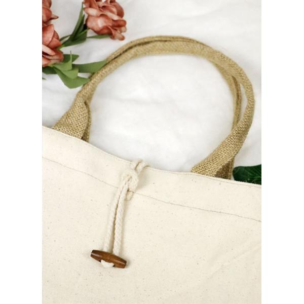 Cotton Canvas Jute Packaging Bags , Jute Hand Bag With Wodden Button