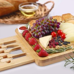 Sleek Bamboo Cheese Plate with Knife and Fork and 2 Ceramic Bowls 44x33x4cm